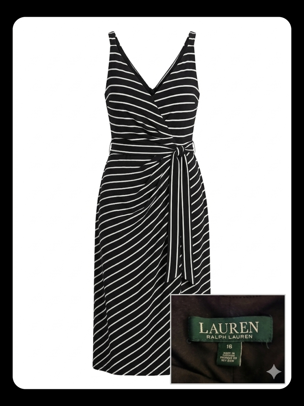 Lauren Ralph Lauren Black and White Striped Wrap-Style Midi Dress